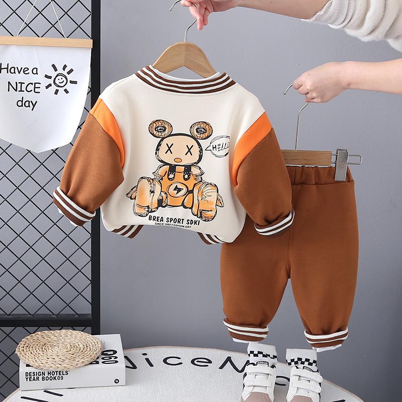 0-5-Year-old Boys' Long Sleeved Three Piece Set Cartoon Teddy Bear Baseball Jacket Round Neck White Top Casual Ankle Tied Pants
