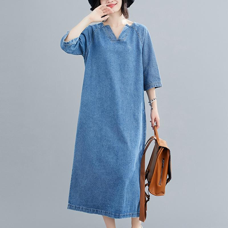 Plus Size Women New Spring Dress Denim Short Sleeve Dress V-Neck Long Dress Blue Basic Dresses Loose
