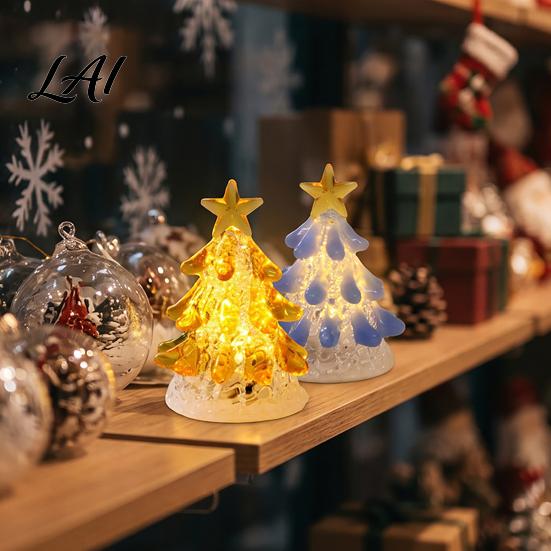 Handmade Crystal Figurine Glass Christmas Tree Lighted Figurine Mini Luminous Xmas Clear with Gold Star Night Light Art Tabletop Holiday Decoration