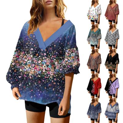 Женская мода ретро принтованный V-образный вырез длинный рукав свободный пуловер свитшот топ