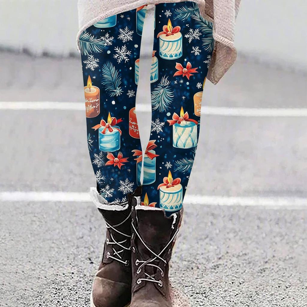 Women's Casual Christmas Tree Snowflake Print Slim Fit Elastic Yoga Pants Cropped Pants
