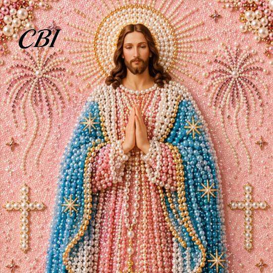 3D Pearl Texture Art Mary Painting Kit, Divine Mercy Jesus Holy Religious DIY Kit for Adults Faux Craft Set Beginners Christian Wall Decor