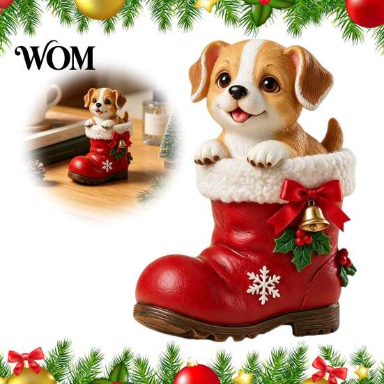 Cute Puppy Christmas Ornaments in Santa Boot Resin Figurine, Dog Holiday Tabletop Decor with Winter Festive Desk Accessories Bow Bell Holly,