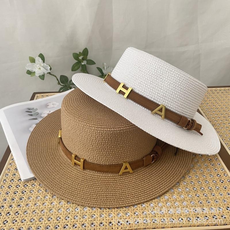 French retro flat top straw hat letter belt summer women's fashion British Hepburn vacation beach sun hat men