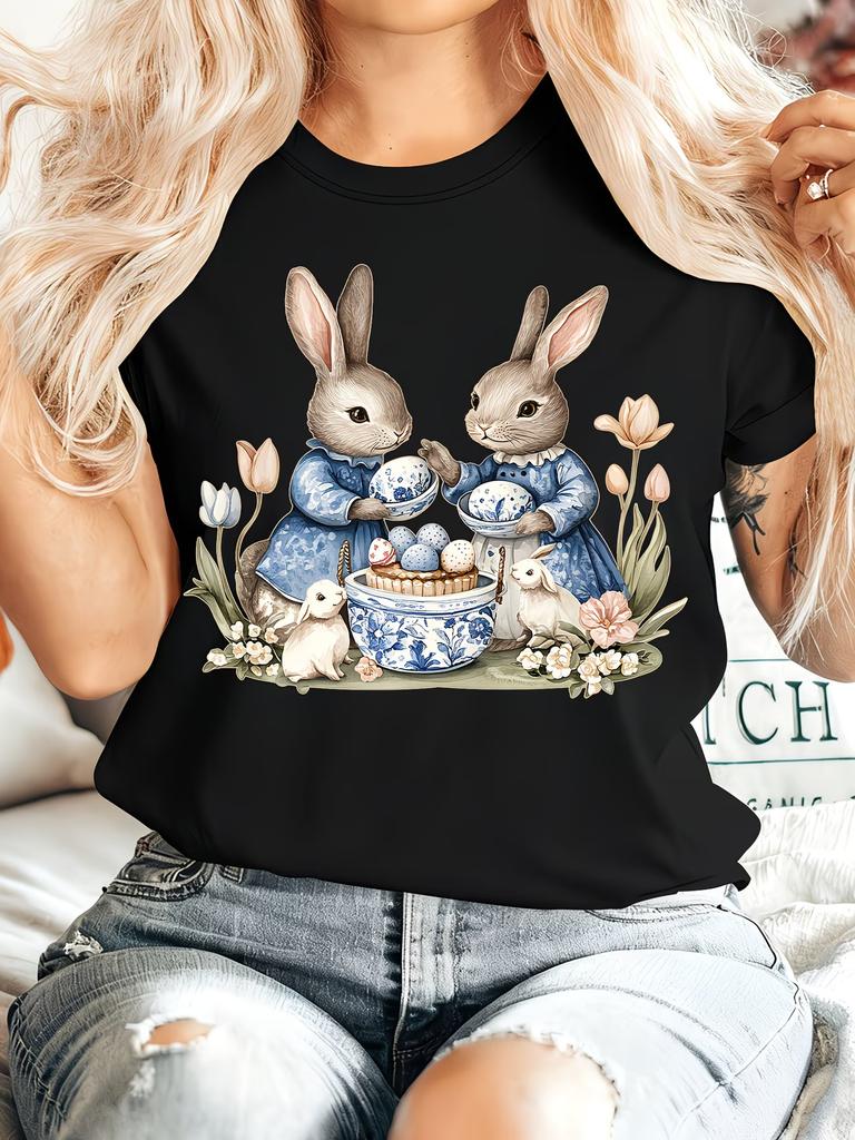 Ladies Summer Fashion Easter EggDrawing Rabbits Printed Crew Neck Short Sleeve TShirt