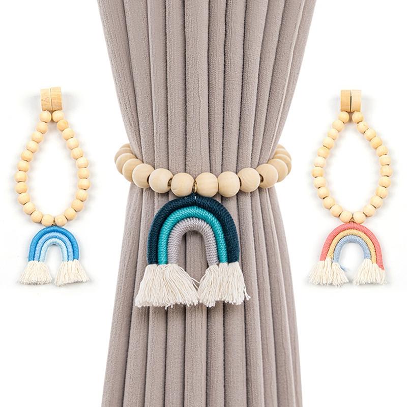2 шт./набор Радужная бахрома из деревянных бусин Магнитный ремешок Богемные аксессуары для бахромы Плетеный шнур для штор Декоры