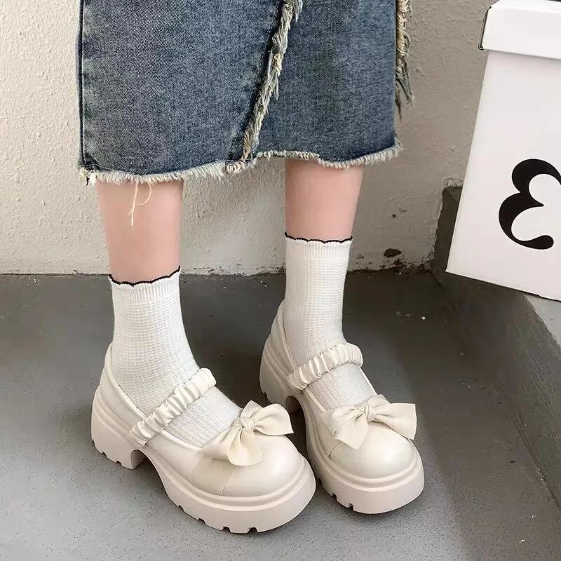 2024 New Fashion Buckle Women's Pumps Spring Autumn Mary Jane Round Toe Solid Butterfly Knot Platform Casual Ladies Shoes
