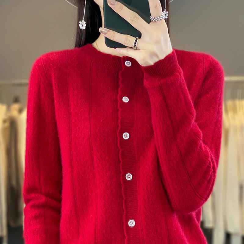 Women's Round Neck Cashmere Cardigan, Qinghe Cashmere, 30% Cashmere 70% Wool, Winter Knitted Pullover Autumn Sweater Cashmere Sweater