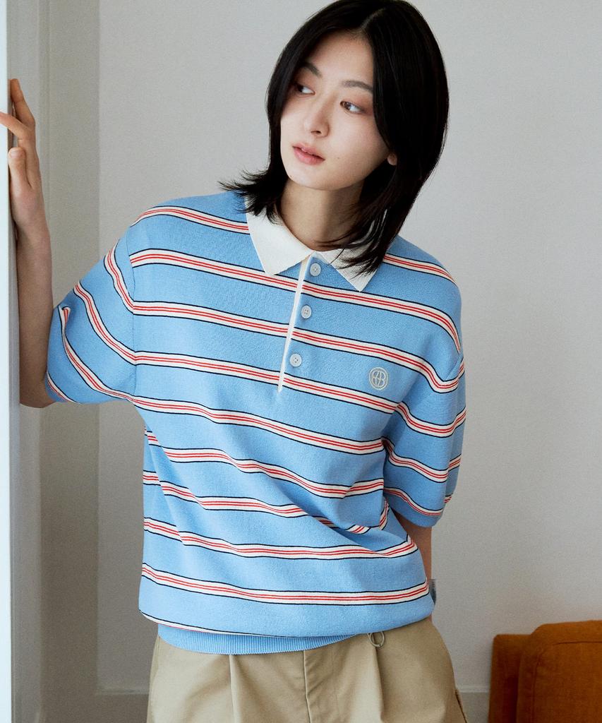DTHIRTYONE Color Striped Short Sleeve Collared Knit (Blue)