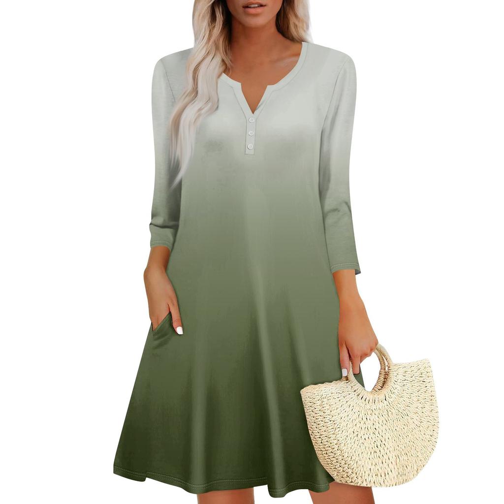 Women's Summer Dress Loose V Neck Three-quarter Sleeve Sundress With Pockets Dress