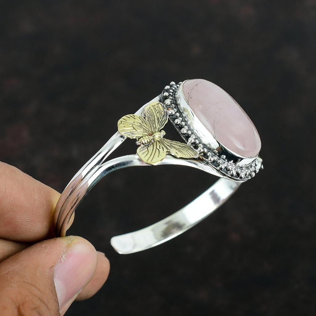 Rose Quartz Bangle 925 Sterling Silver Cuff Bracelet Handmade Bangle Adjustable 18K Gold Plated Bangle Gemstone Jewelry Butterfly Bracelet
