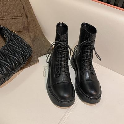 Женские короткие ботинки осень и зима новые кожаные ветрозащитные короткие ботинки на толстой подошве ботинки Мартина с внутренней танкеткой на шнуровке тонкие ботинки