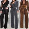 Fahion Women V Collar High Elastic Gold And  Wire Long Sleeves Jumpsuits