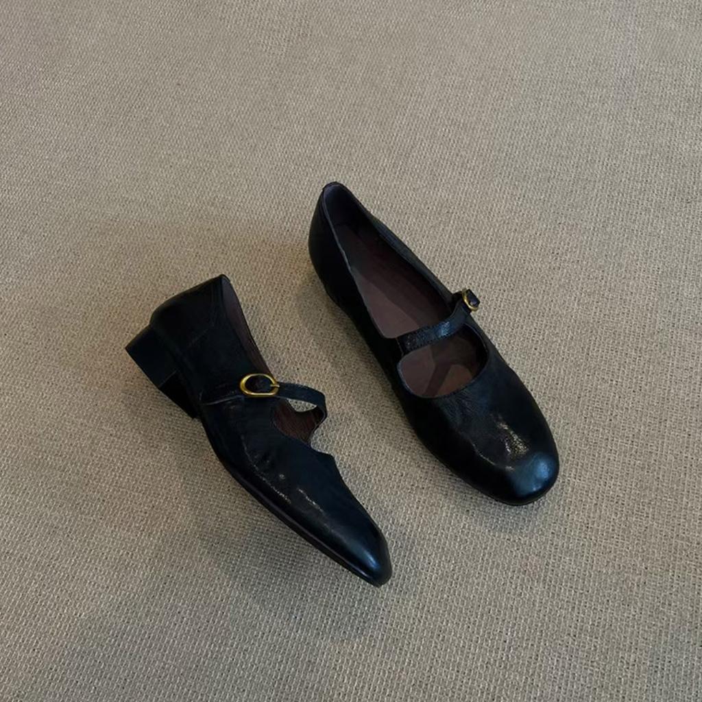 Sheepskin Version~ Shallow Leather Versatile One-word Buckle Flat Mary Jane Shoes Women's Retro Simple Commuter Low-heeled Single Shoes