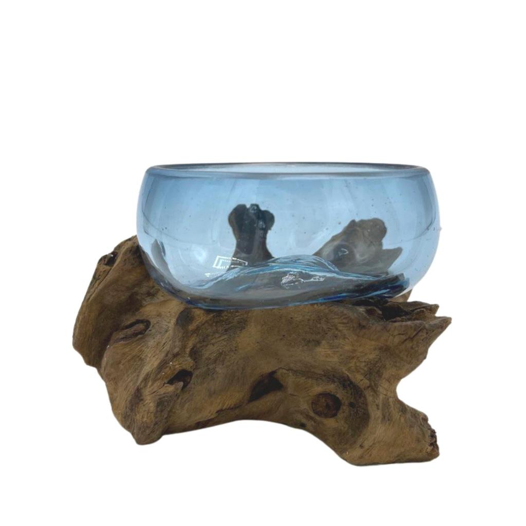 Molten Glass Bowl on Wood Mini Blue