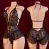Сексуальная ночная одежда без ластовицы для секса для женщин кружевной лоскутный прозрачный пижамный комплект эротические тедди куколка боди с глубоким V-образным вырезом на бретельках