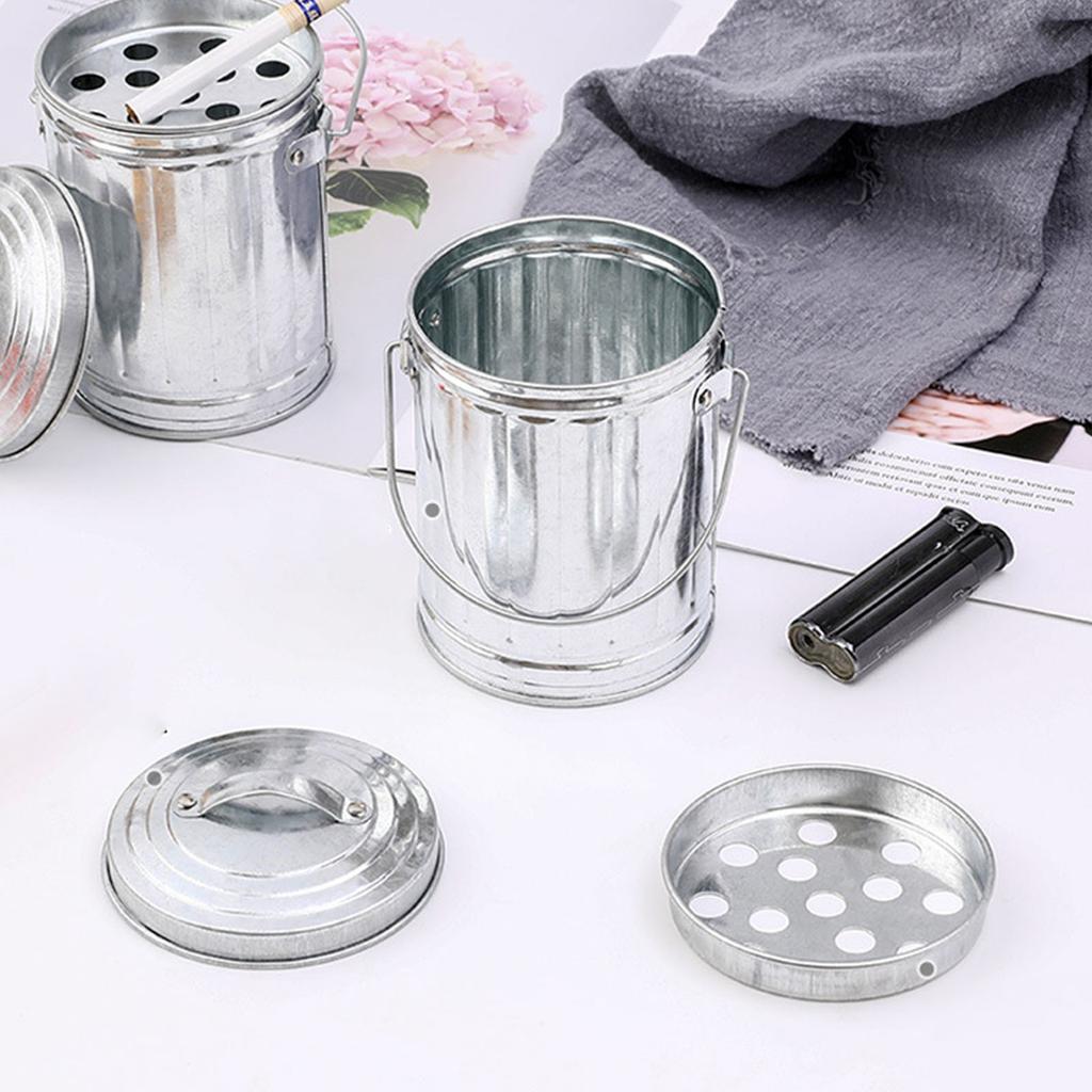 Simple Galvanized Iron Ashtray with Lid for Home Office and Bedside Use Stylish Desktop Trash Bin Ash Holder Practical