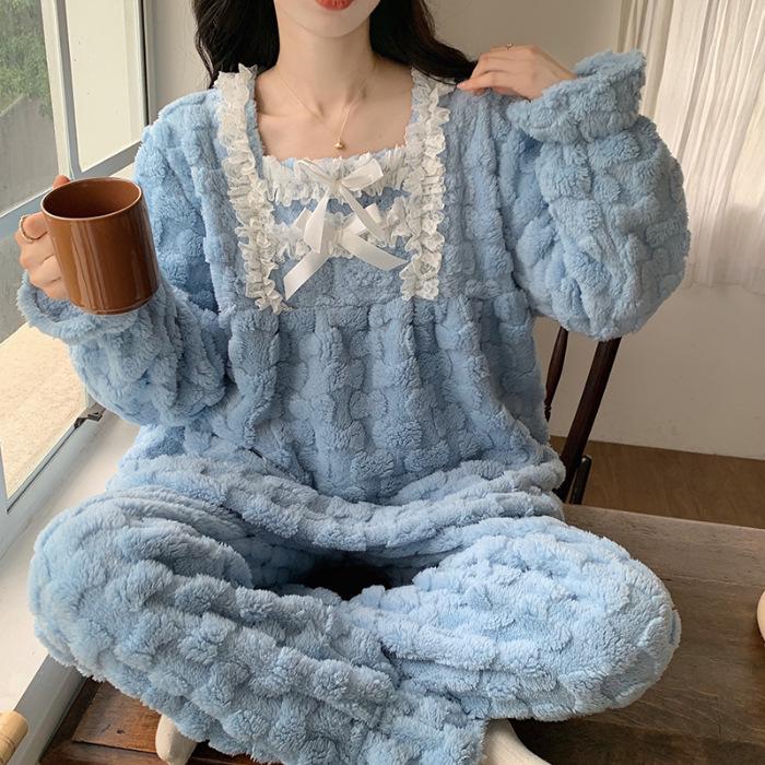 Женская пижама в стиле принцессы из кораллового вельвета - Осеннее кружево, Толстый и теплый домашний костюм