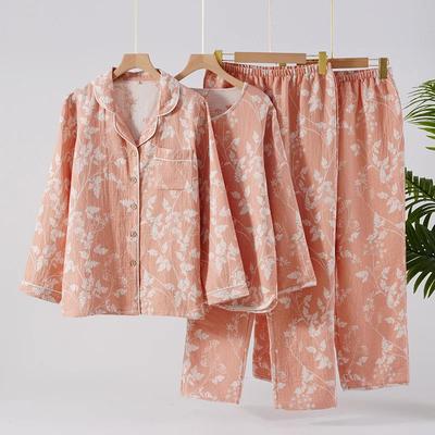 Весна / Осень Хлопчатобумажная жаккардовая пижама Брюки с длинными рукавами Двухслойная пряжа Свободная и мягкая домашняя одежда Комплект из двух предметов