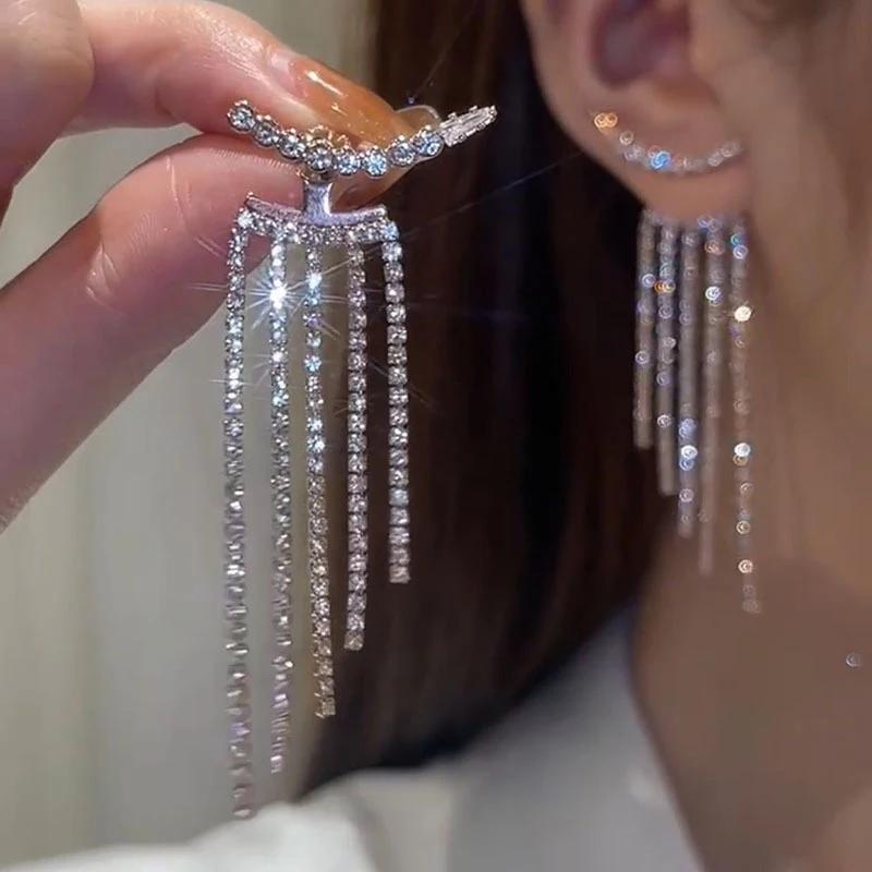 Sparkling Long Tassel Drop Earrings for Women Zircon Earrings Shiny Wedding Statement Party Exquisite Jewelry Gifts