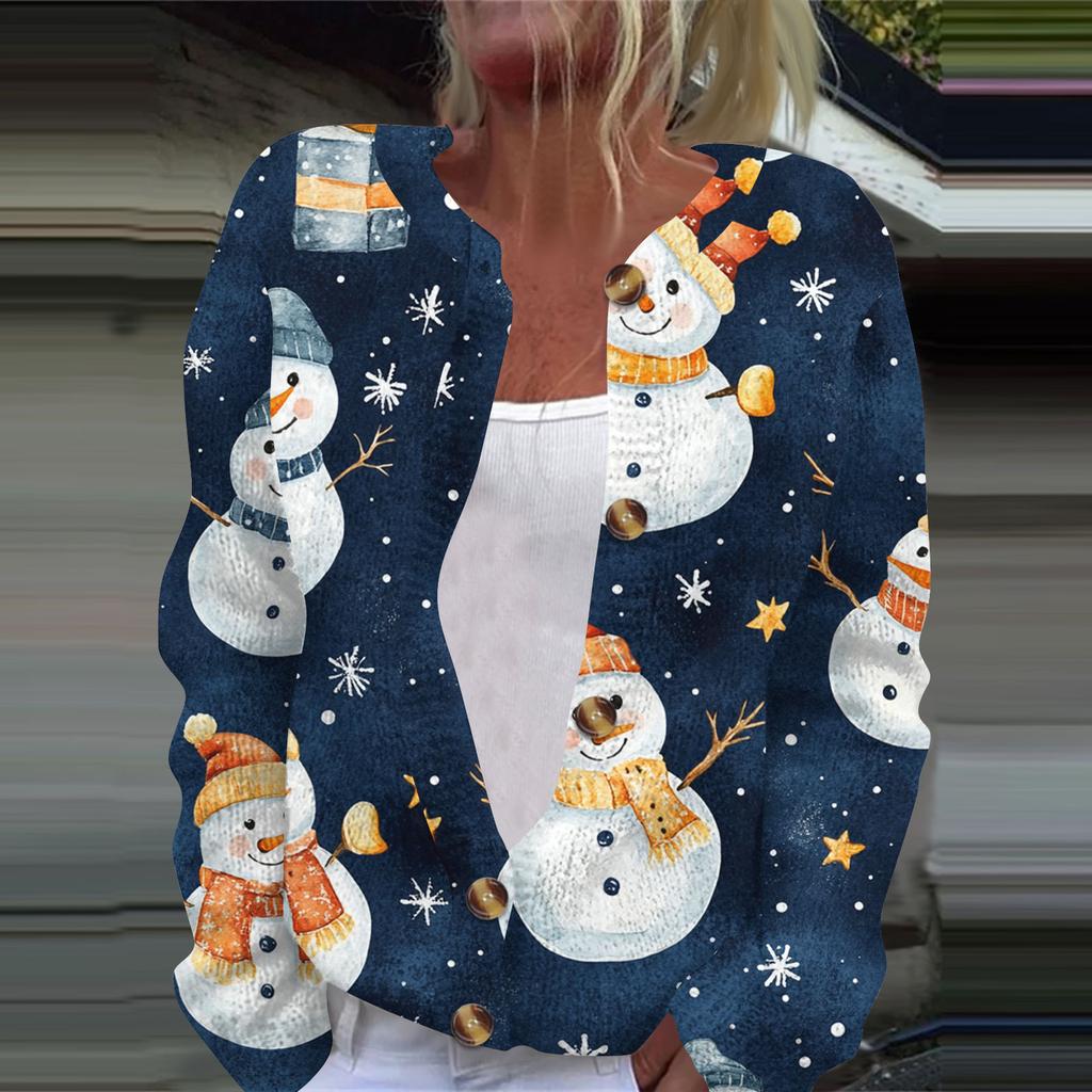 Женская мода рождественский принт длинный рукав вязаный кардиган пуховик