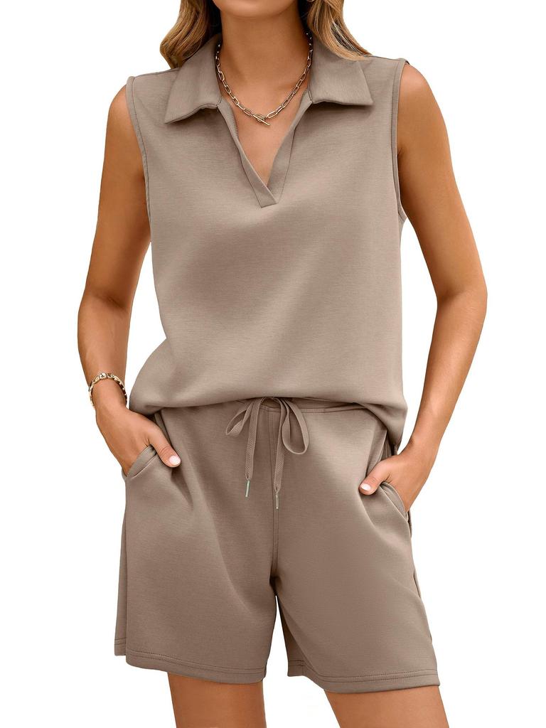 Женский повседневный спортивный комплект из двух предметов с V-образным вырезом без рукавов