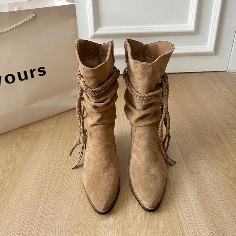 Версия из коровьей кожи~ ботинки на толстой подошве женские винтажные в стиле рыцарских ботинок из натуральной кожи матовые с бахромой из пеньковой веревки на толстом каблуке ботильоны