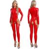 Womens One Piece Long Sleeve Crotchless Jumpsuit Wet Look Patent Leather Zipper Bodysuit Catsuit