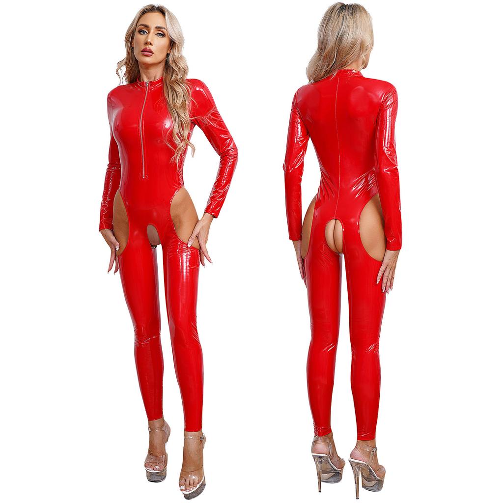 Womens One Piece Long Sleeve Crotchless Jumpsuit Wet Look Patent Leather Zipper Bodysuit Catsuit