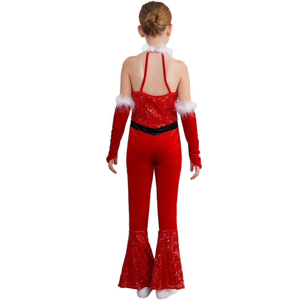 Girl Christmas Costume One Piece Sleeveless Velvet Bodysuit Plush Sequins Flared Jumpsuit Arm Sleeve Set