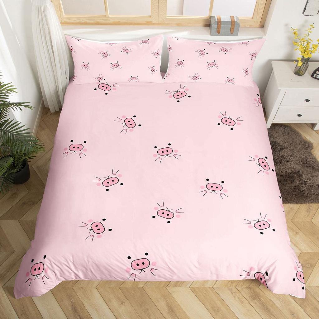Cartoon Kawaii Pig King Queen Duvet Cover Happy Farm Animal Bedding Set Pink Piggy Quilt Cover 2/3pcs Polyester Comforter Cover