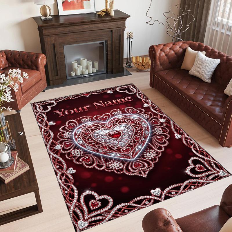 Hearts Theme Crystal Velvet Floor Rug Personalized Custom Name Text Warm Carpet Home Decoration