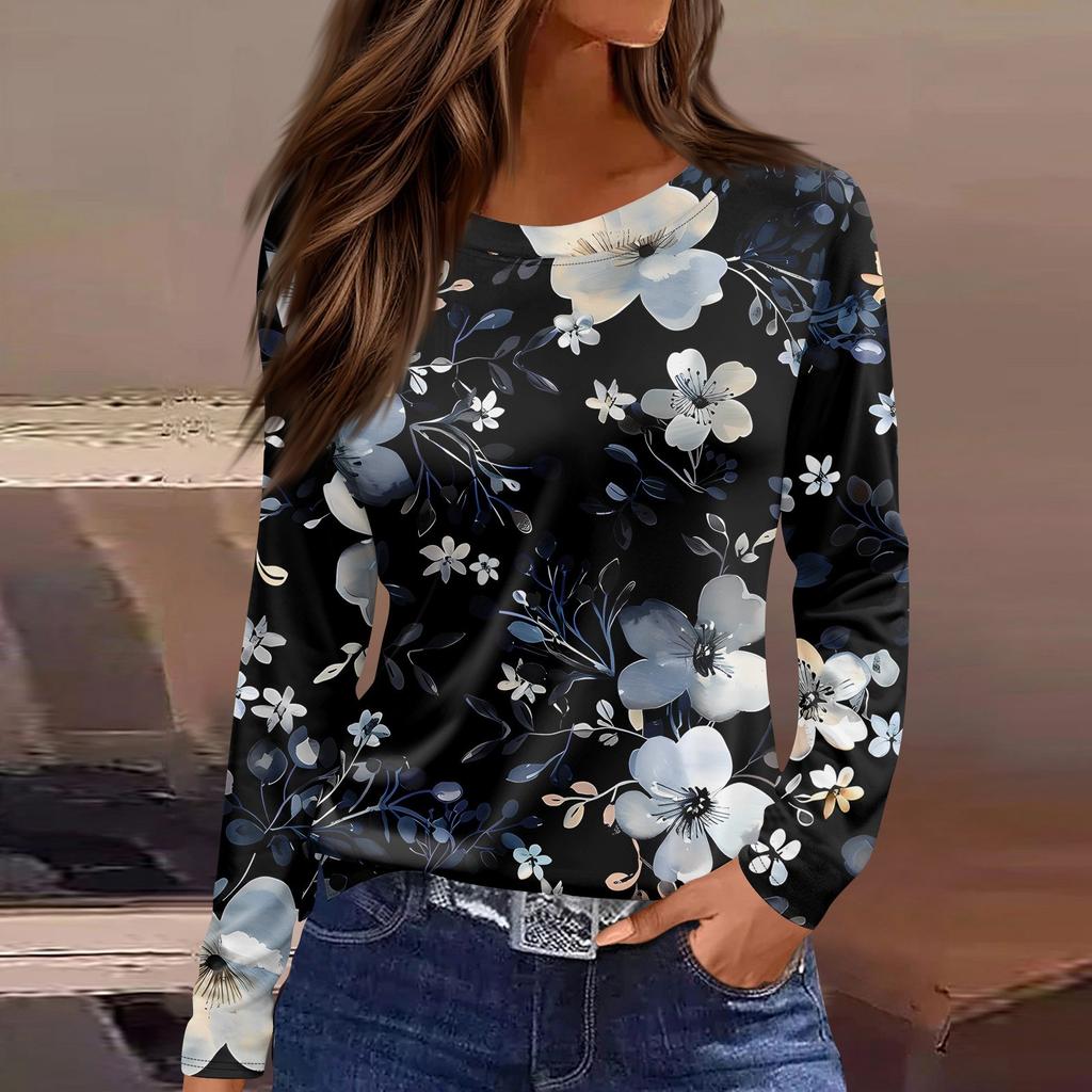 Женская модная повседневная свободная футболка с принтом и круглым вырезом с разрезом и длинным рукавом, женский топ