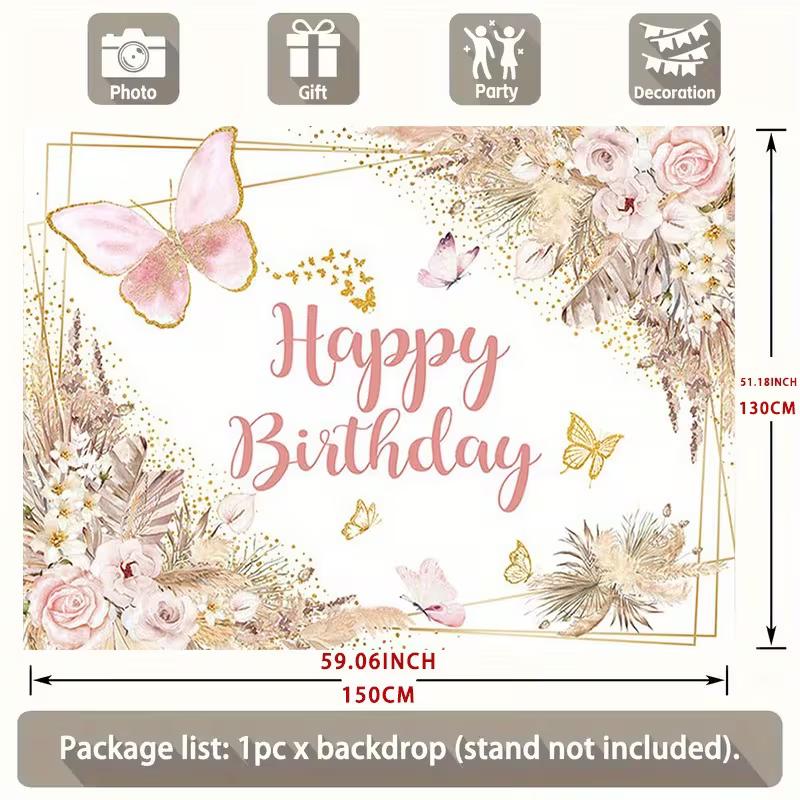 2D Happy Birthday Backdrop Pink Gold Butterfly Floral Party Background Banner
