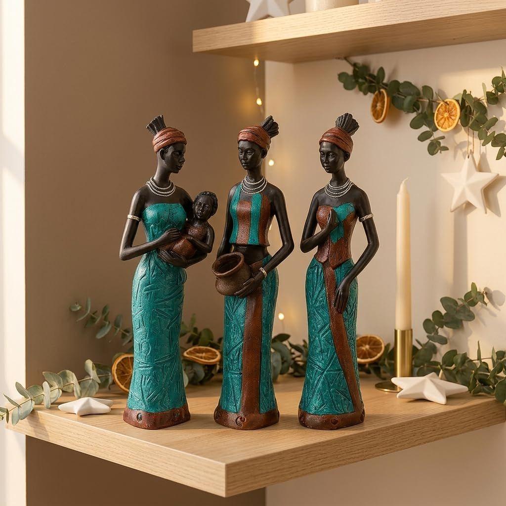 Beautiful Finish Uniquely Hand Crafted Home Decor African Tribal Women Art Piece - (Set of 3, Green and Black Color)