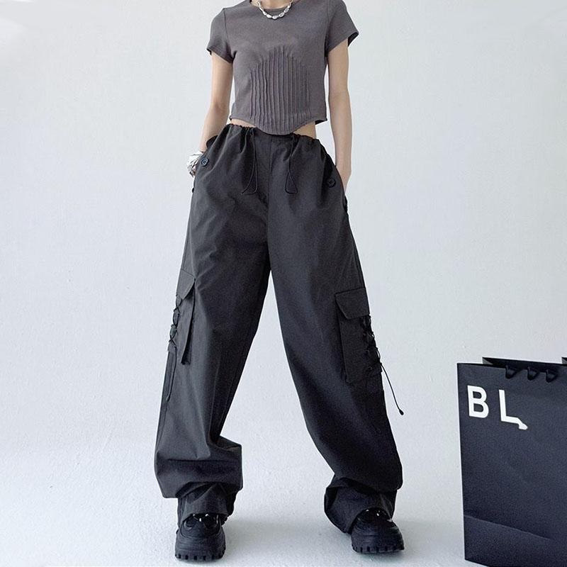 Женская одежда Y2K, брюки-карго, новинка 2024 года, летние повседневные свободные брюки цвета хаки, плиссированные прямые широкие брюки на шнурке