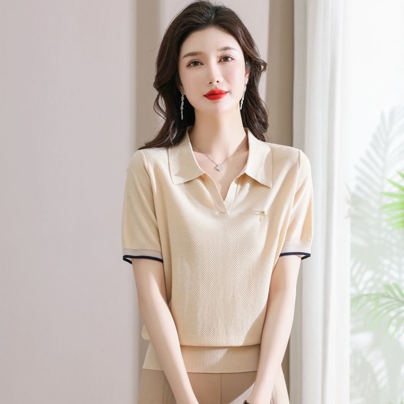 Летняя женская новая футболка с коротким рукавом и воротником-поло для молодой мамы, тонкая трикотажная рубашка из шелка