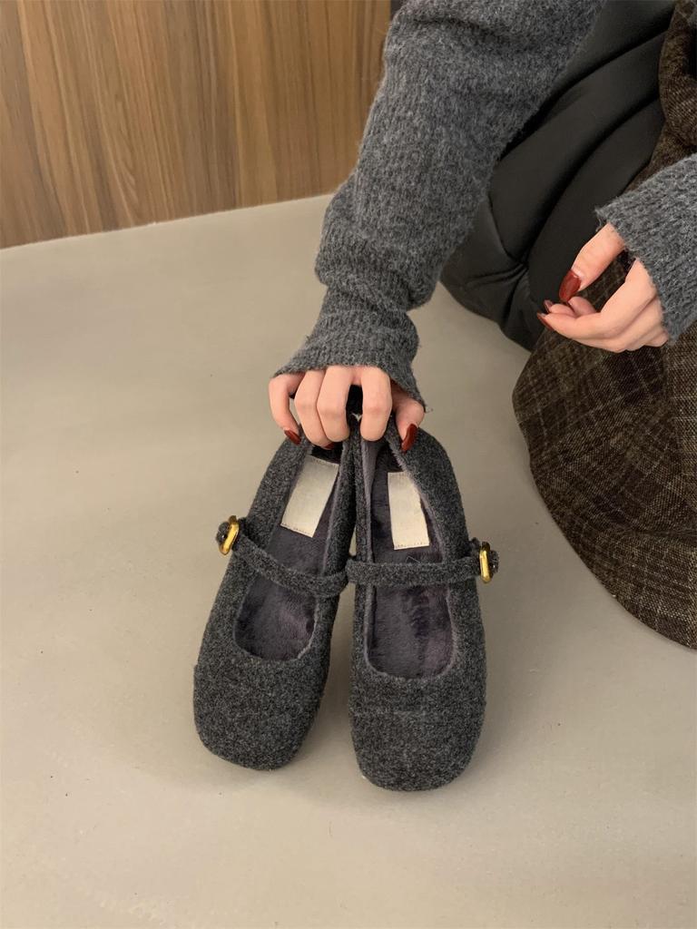 Женская зимняя обувь Мэри Джейн, повседневные нескользящие туфли на плоской подошве с ремешком на щиколотке, офисные туфли на плоской подошве, флисовые туфли Мэри Джейн с квадратным носком для женщин