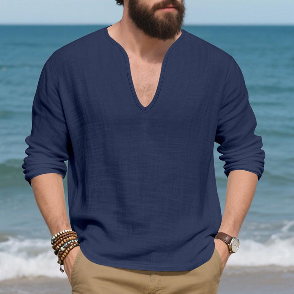 Мужские льняные рубашки свободного кроя с длинным рукавом, футболка однотонная с V-образным вырезом, пуловер в стиле хиппи для йоги