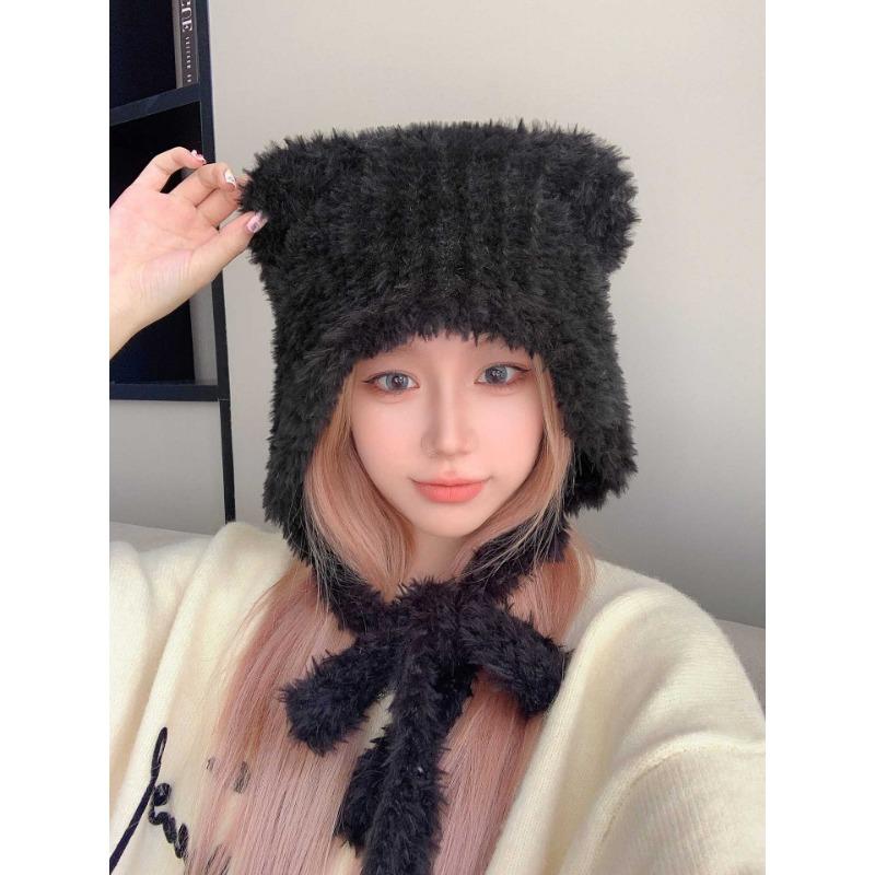 Bear Ears Woolen Knitted Hat for Women In Winter Showing Face Small Plush Cute Ear Protection Warm Big Headband Cold Hat