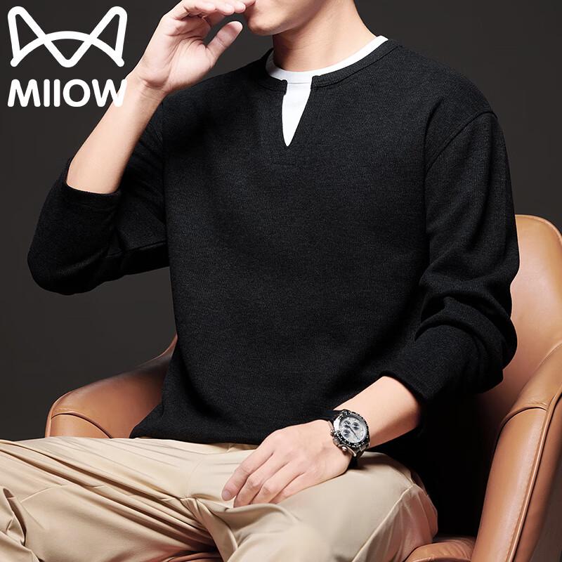 MiiOW Men's V-Neck Faux Two-Piece Warm Long Sleeve Tee