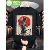 Men'S Big & Tall Japanese Samurai Warrior T-Shirt - 180gsm Heavyweight -Like Fabric, with Red Sun & Cherry Blossoms Design, Traditional Floating Ink