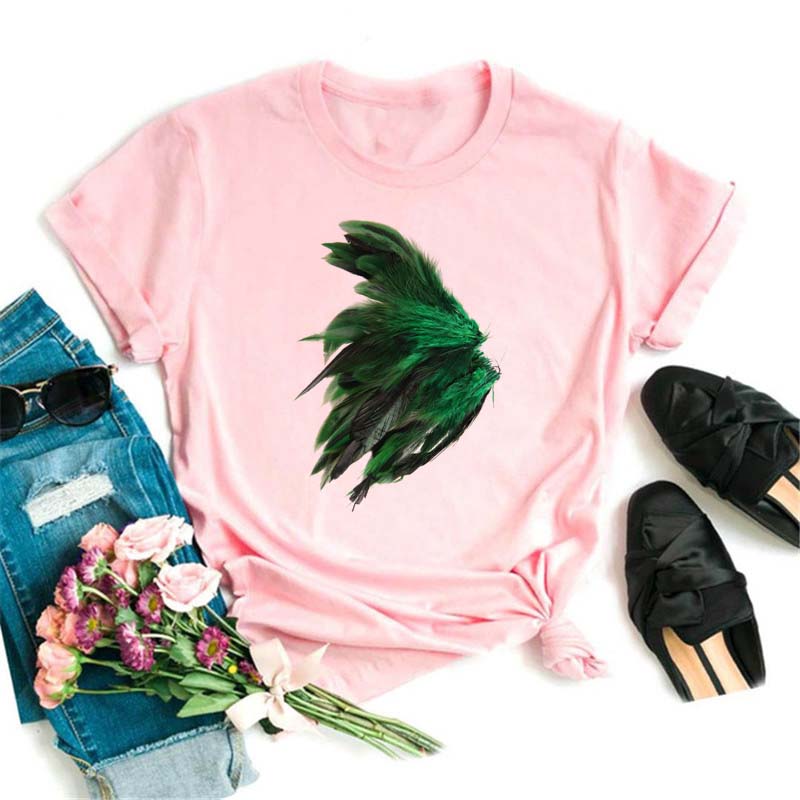 Модная женская футболка с забавным принтом бабочки и пера, футболка, летние топы с коротким рукавом, футболка, женские футболки с перьями