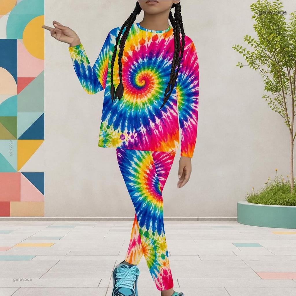 Girls Black Printed Round Neck Long Sleeve Top And Fitted Pants Two Piece Set