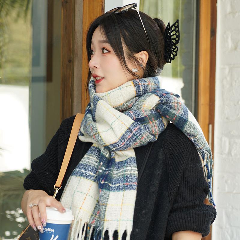 "Korean Plaid Imitation Cashmere Scarf – Women's Autumn & Winter Versatile Warm Shawl"
