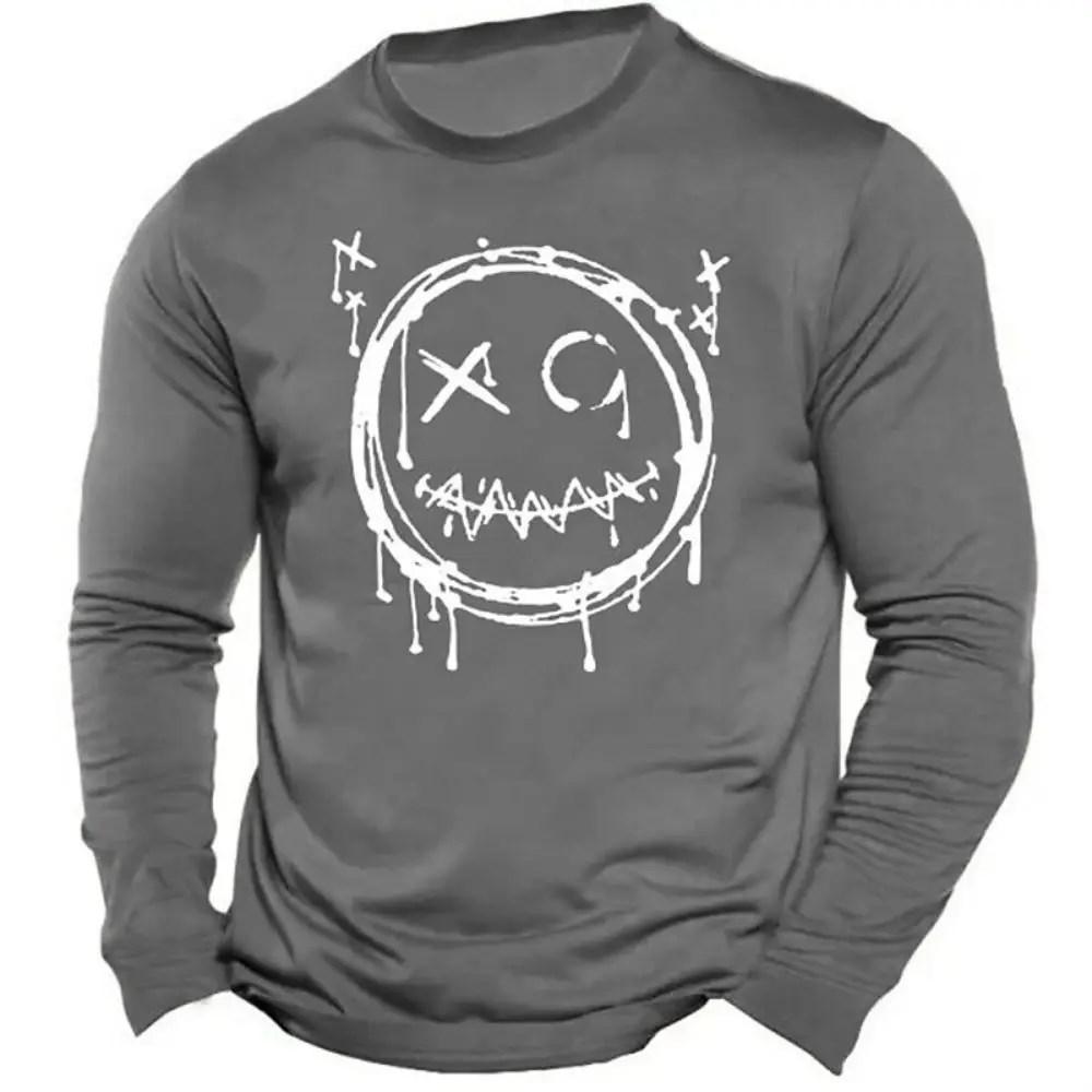 Футболка с длинным рукавом с 3D-принтом и рисунком смайлика для мужчин, простая мода, с объемным круглым вырезом и длинным рукавом