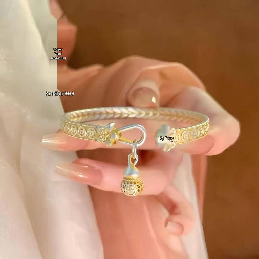 Sterling Silver Gourd Bracelet with Gold Inlay – Openable Fu Lu Design for Women, Light Luxury Gift.