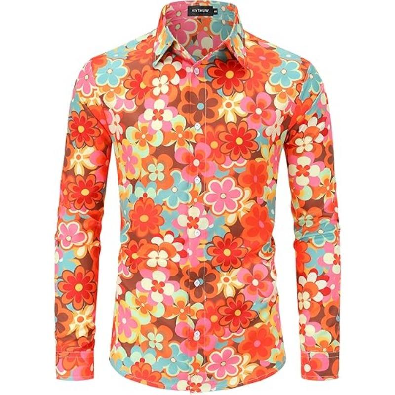 Мужская одежда 70-х годов Повседневная рубашка с длинным рукавом и воротником на пряжке Диско Ретро Пейсли Цветочный Ретро Хип-хоп Рубашка Лето