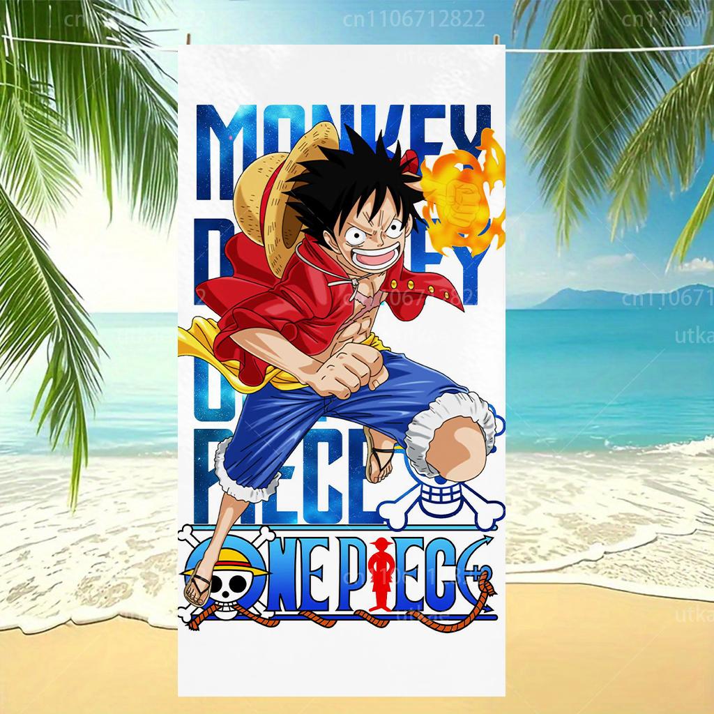 One Piece Luffy Gear Fire Fist Print Straw Hat Pirate Skull Logo White Background Swimming Beach Towel