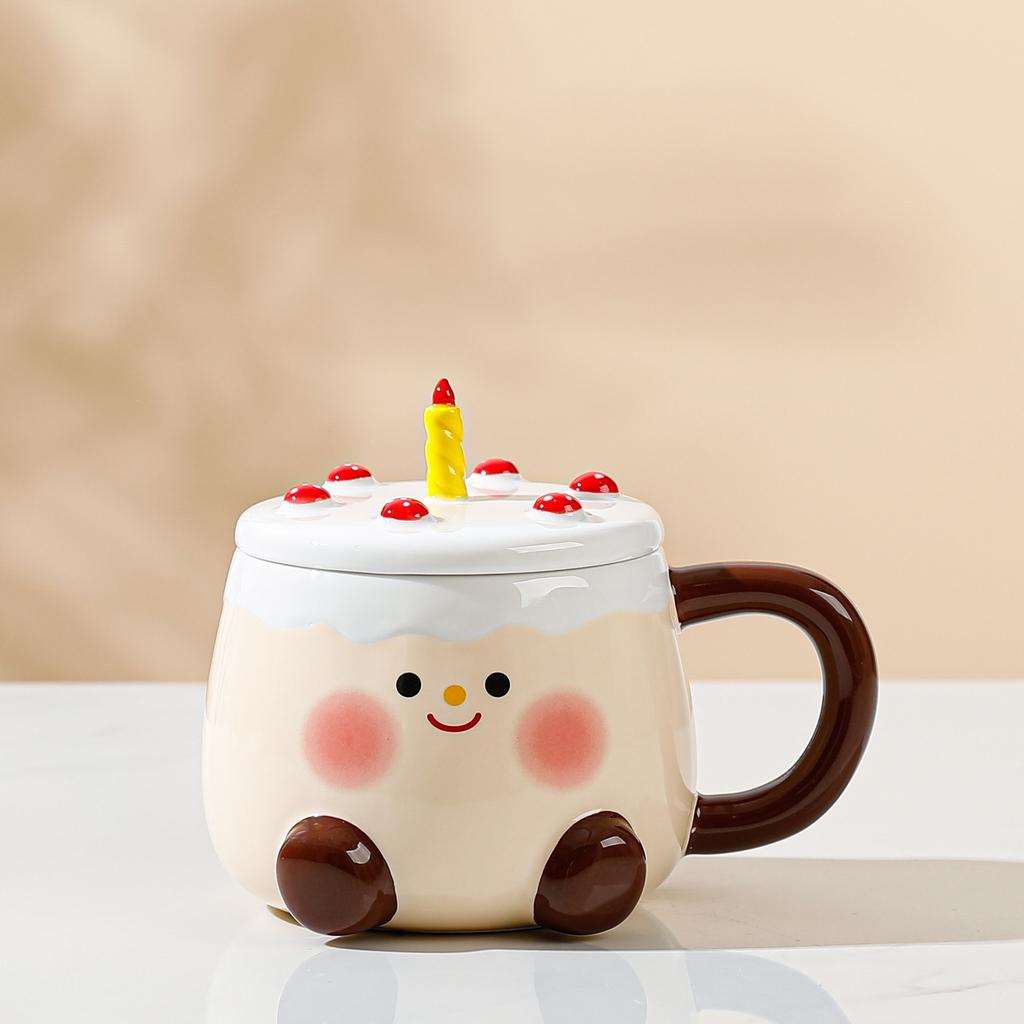 Cute Cake Cup with Lid Cartoon Ceramic Cup High Value Large Capacity Household Set Mug Girls Water Cup